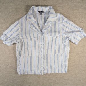 Linen Blend Cropped Button Up Casual Stripped Natural Boho Short Oversized XS